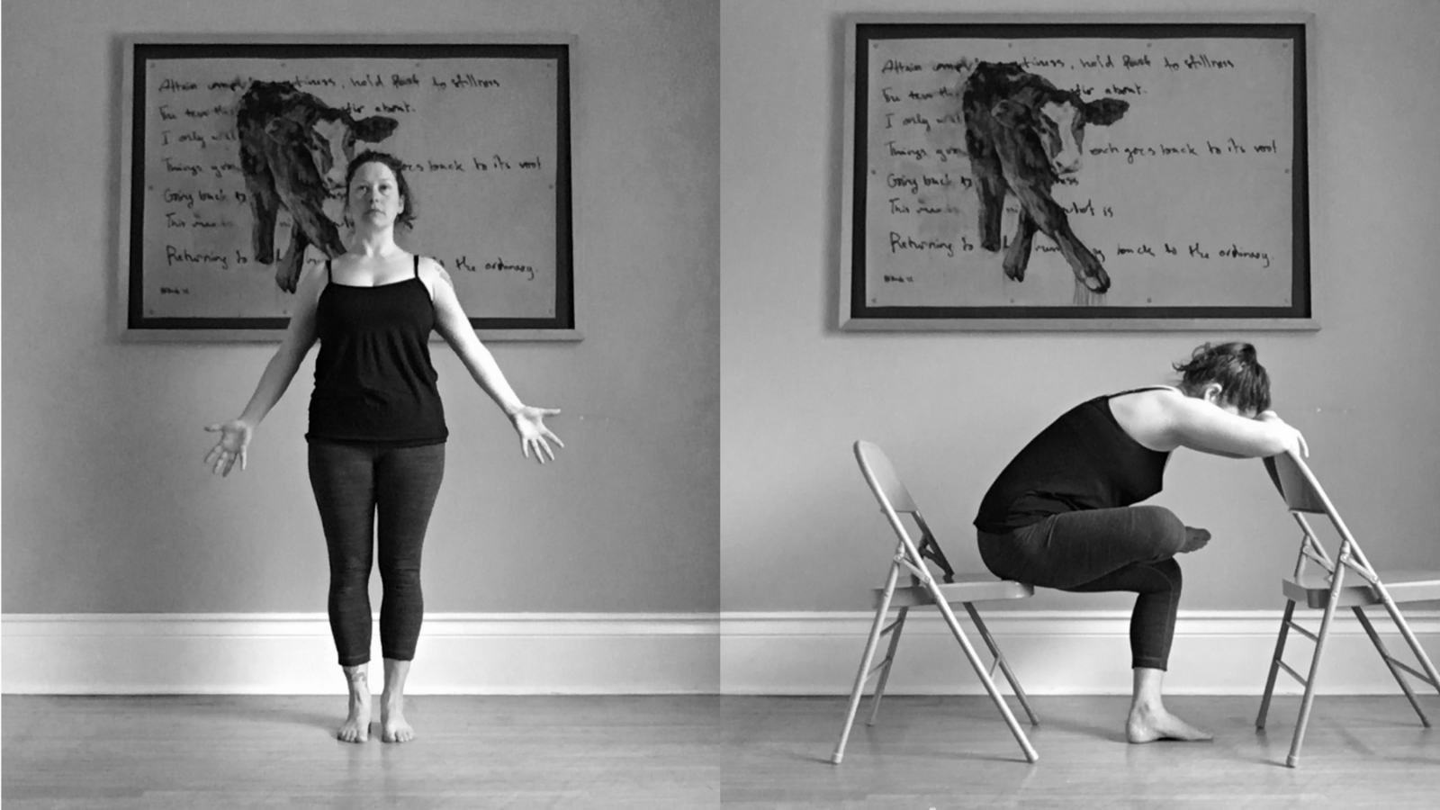 How to practice Mountain Pose and Seated Pigeon Pose to decrease stress and create calm Image illustrating Mountain Pose or Tadasana and also seated Pigeon Pose or Kapotasana, a yoga for infertility pose