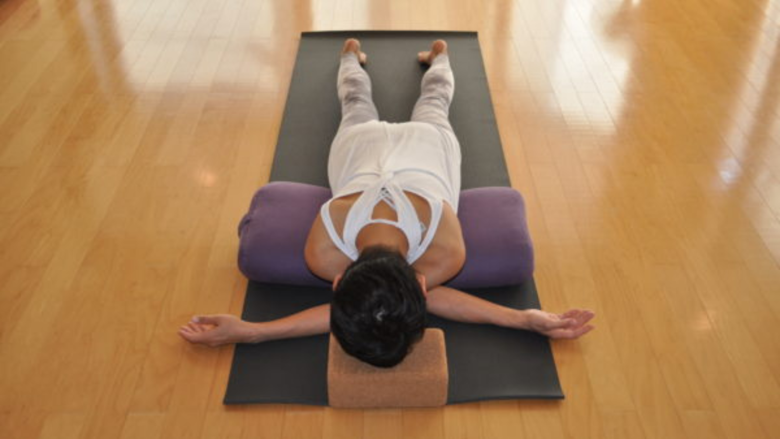 Using Props to set up Restorative Poses to aid overall health and well-being. Another camera view of the prop setup for the Restorative Shoulder Release Pose.