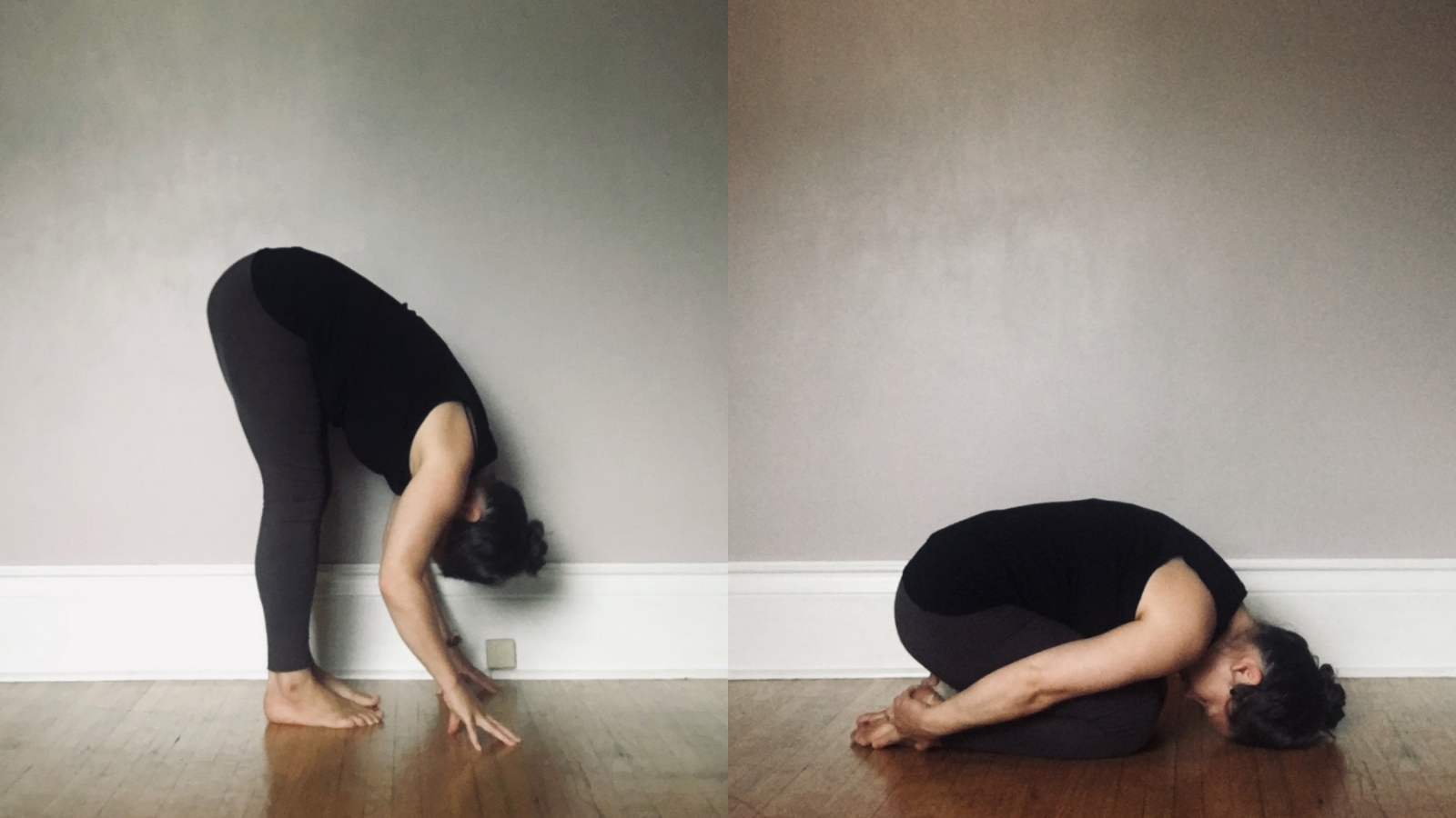 How to practice Standing Forward Fold or Uttanasana and Child's Pose or Balasana to help increase fertility Image illustrating two calming forward folds- Standing Forward Fold or Uttanasana and Child's Pose or Balasana