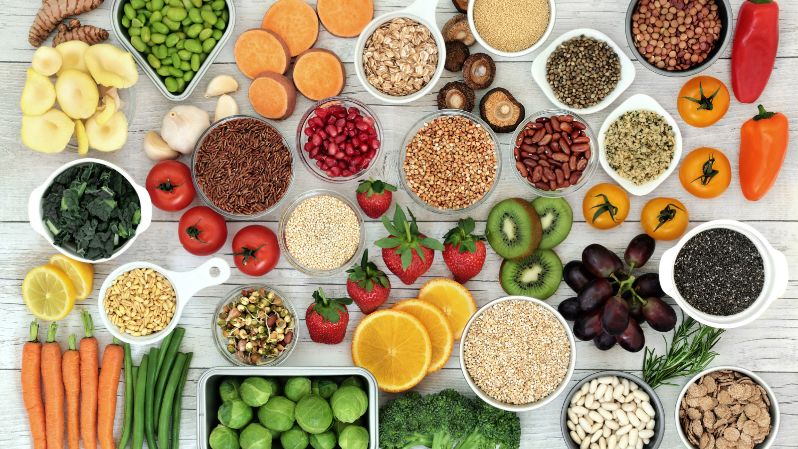 Foods high in fiber, anthocyanins, antioxidants, smart carbs, minerals and vitamins.can help promote a good night's sleep. Fresh superfood concept with fruit, vegetables, grains, cereals, pulses, seeds, herbs and spice.