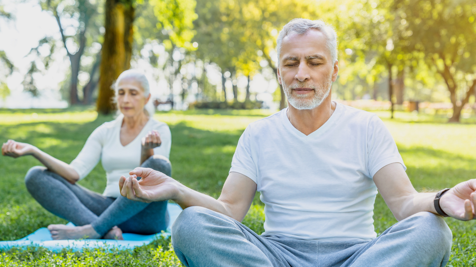 How to practice meditation with mudra to support less stress and greater health and wellbeing Yoga at the park with senior couple sitting in lotus pose on green grass in calm and meditation